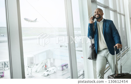 Businessman, phone call and luggage waiting at airport for travel, work trip or plain journey to country. Happy black man, employee or person with smile for communication before flight on smartphone Businessman, phone call and luggage waiting at airport for travel, work trip or plain journey to country. Happy black man, employee or person with smile for communication before flight on smartphone 130612454