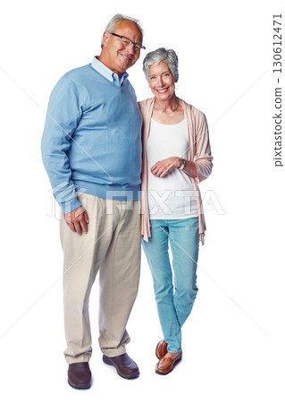 Senior couple, marriage and love, retirement together in portrait and commitment isolated on white background. Happy people in studio, trust and life partnership, relationship with old man and woman 130612471