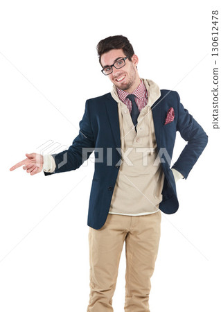Man, portrait and nerd pointing with happiness and smile in isolated white background. Happy, geek and young person with casual business style smiling with hand point in a studio feeling positive 130612478