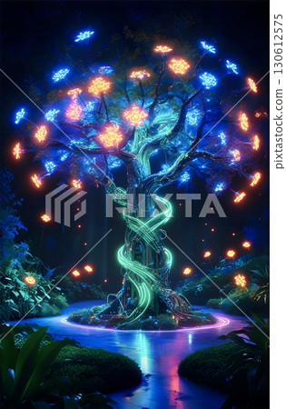 green tree in the night forest green tree in the night forest 130612575