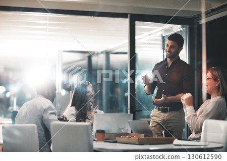 Success, data analysis or business people applause for business meeting, invest strategy or planning company finance. Clapping, happy or teamwork on tax data analysis or celebrating financial network 130612590