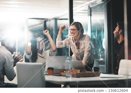 Success, data analysis or business people cheering for business meeting, invest strategy or planning finance. Collaboration, happy or teamwork on tax data analysis, growth or global financial network 130612604