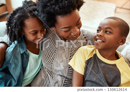 Love, mother and children embrace sofa for happy family time together to relax in apartment in South Africa. Smile trust and support, black woman and kids sitting on couch with healthy relationship. 130612614