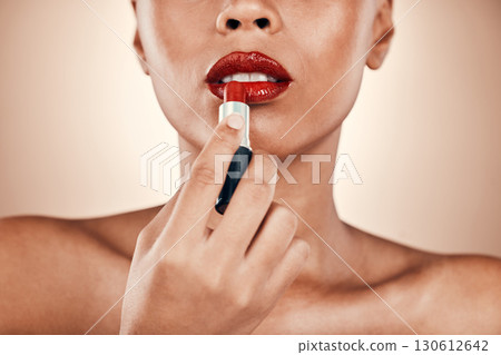 Black woman, makeup and portrait with red lipstick on a brown background for beauty cosmetics. Mouth of aesthetic model or person in studio for skincare, self care and shine with bold lips Black woman, makeup and portrait with red lipstick on a brown background for beauty cosmetics. Mouth of aesthetic model or person in studio for skincare, self care and shine with bold lips 130612642