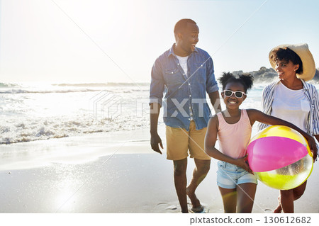 Black family, mockup or beach with a mother, father and daughter carrying a ball while walking on the sand by the sea. Love, children and ocean with a man, woman and girl child on the coast in summer Black family, mockup or beach with a mother, father and daughter carrying a ball while walking on the sand by the sea. Love, children and ocean with a man, woman and girl child on the coast in summer 130612682