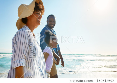 Family, travel and walking on a beach with a child or kid on vacation at the ocean or sea. Mock up, parents and happy African American daughter relaxing and enjoying trip or holiday and holding hands Family, travel and walking on a beach with a child or kid on vacation at the ocean or sea. Mock up, parents and happy African American daughter relaxing and enjoying trip or holiday and holding hands 130612692