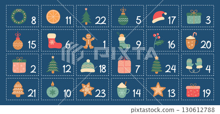 colorful childish advent calendar 24 different motifs vector illustration 130612788