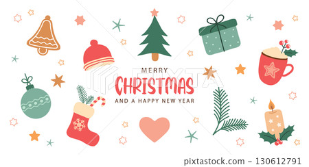 cute christmas greeting card with decoration winter elements isolated vector illustration 130612791
