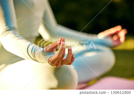 Yoga meditation, zen and hands of woman meditate for spiritual mental health, chakra energy balance or soul aura healing. Nature yogi, freedom or pilates girl relax for mindfulness, mindset and peace 130612800