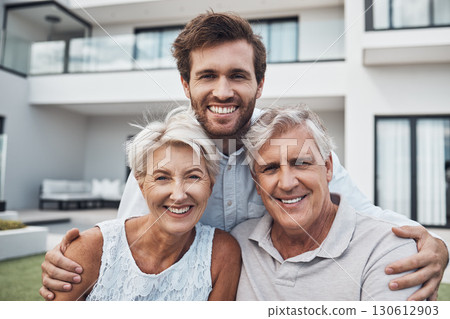 Family, happy portrait and new home for property real estate, happiness together and retirement lifestyle. Senior parents smile, son and hug for moving, homeowner and relax bonding for love outdoor Family, happy portrait and new home for property real estate, happiness together and retirement lifestyle. Senior parents smile, son and hug for moving, homeowner and relax bonding for love outdoor 130612903