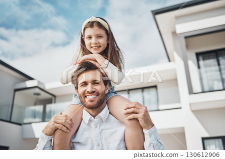 Portrait, family and children with a girl sitting on the shoulders of her father outdoor at their new home. Love, kids and real estate with a man and daughter bonding outside their house together Portrait, family and children with a girl sitting on the shoulders of her father outdoor at their new home. Love, kids and real estate with a man and daughter bonding outside their house together 130612906