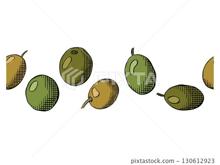 Elegant Olive berry seamless horizontal border. Vector graphic line ink colored illustration. For poster, flyer, banner, invitation, social media, party or sale web, package, sticker. Elegant Olive berry seamless horizontal border. Vector graphic line ink colored illustration. For poster, flyer, banner, invitation, social media, party or sale web, package, sticker. 130612923