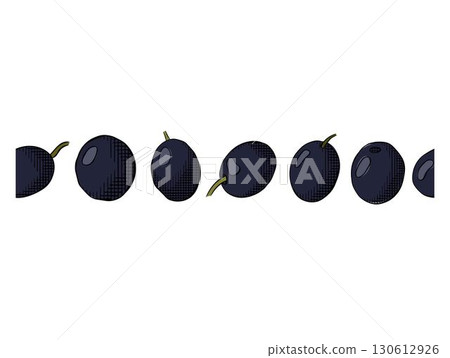 Olive line endless border. Olive black berry seamless horizontal border. Vector graphic line ink colored illustration. Mediterranean farm Minimal linear pattern for oil design, food background. Olive line endless border. Olive black berry seamless horizontal border. Vector graphic line ink colored illustration. Mediterranean farm Minimal linear pattern for oil design, food background. 130612926