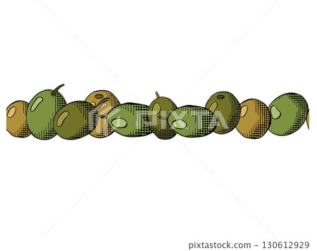 Olive Olive berry seamless horizontal border. Vector graphic line ink colored illustration. Greek oil harvest. Vector mediterranean tree on transparent background. Packaging print for food design Olive Olive berry seamless horizontal border. Vector graphic line ink colored illustration. Greek oil harvest. Vector mediterranean tree on transparent background. Packaging print for food design 130612929