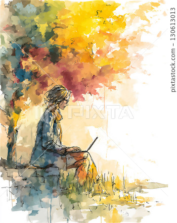 一位女士在秋季風景中使用筆記型電腦的插圖 一位女士在秋季風景中使用筆記型電腦的插圖 130613013