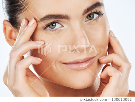 Portrait, beauty and skincare with a woman in studio isolated on a white background closeup for natural treatment. Face, cosmetics or skin with an attractive young female on space for antiaging 130613092