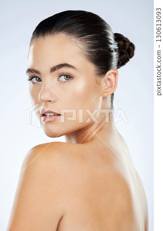 Skincare, beauty and portrait of woman on a white background for cosmetics, makeup and facial treatment. Spa aesthetic, dermatology and face of female with glowing skin, healthy body and wellness Skincare, beauty and portrait of woman on a white background for cosmetics, makeup and facial treatment. Spa aesthetic, dermatology and face of female with glowing skin, healthy body and wellness 130613093