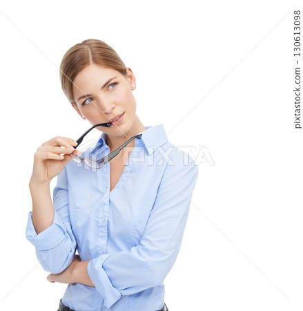 Beautiful woman, thinking and isolated on a white background standing in thought with spectacles. Attractive young female model holding eyewear contemplating or wondering about sight, vision or idea 130613098