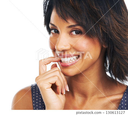 Black woman biting finger, portrait and studio with a model isolated on a mockup white background. Face, branding and mock up with a shy young female posing on blank space for a marketing brand 130613127