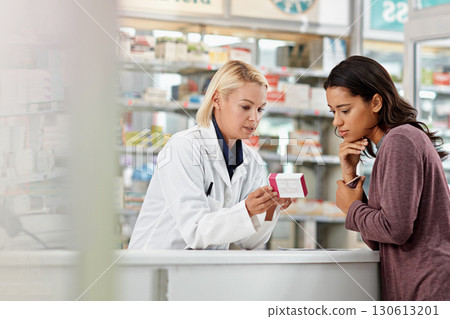 Consulting customer and focus of store pharmacist at counter for expert help and customer service. Pharmaceutical advice and opinion of worker helping girl with medicine information at pharmacy. 130613201