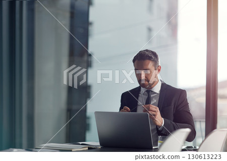 Laptop, thinking and business man reading email, working on website and corporate planning. Schedule, hand holding glasses and vision of a professional worker, boss or executive on digital technology 130613223