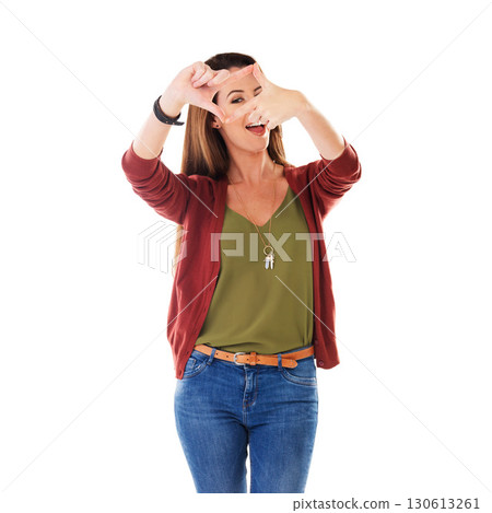 Studio, smiling and woman framing with hands feeling happy and isolated against a white background. Portrait of fun, face happiness and joyful young female or person showing picture sign 130613261