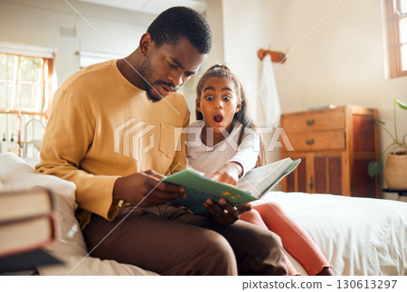 Father, child and book in shock on bed for story time, reading or learning literature sitting at home. Dad and daughter surprised or shocked in frightened expression holding textbook in bedroom Father, child and book in shock on bed for story time, reading or learning literature sitting at home. Dad and daughter surprised or shocked in frightened expression holding textbook in bedroom 130613297