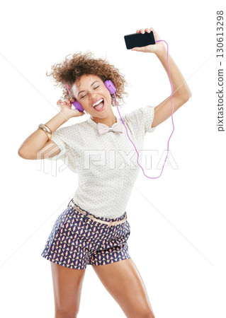 Phone music, dance singer and black woman listening to song, audio podcast or radio sound for energy, relief or fun. Studio singing, dancer girl or retro dancing student isolated on white background 130613298