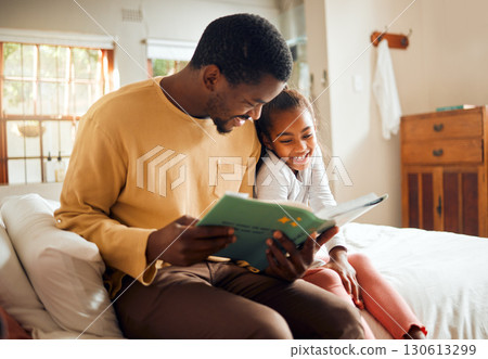 Father storytelling, child reading and family love for language learning and bonding in bedroom. Happy people, dad and smart girl with book for creative support, education help and home teaching 130613299
