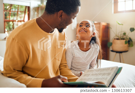 Happy, child and father reading a book for education, learning and information in their family home. Love, smile and African dad with a girl in the bedroom for a story, bonding and quality time 130613307