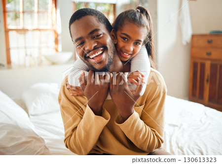 Family, portrait and child hug father with love and care at home, happiness with relationship, trust and affection. Black man, young girl and happy people with embrace, wellness with bonding together Family, portrait and child hug father with love and care at home, happiness with relationship, trust and affection. Black man, young girl and happy people with embrace, wellness with bonding together 130613323