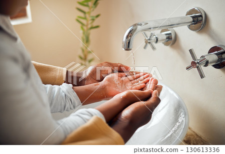 Cleaning hands zoom, people and skincare with hygiene in bathroom, disinfection and self care with wash water. Parent, child quality time together and clean with health and wellness at family home 130613336