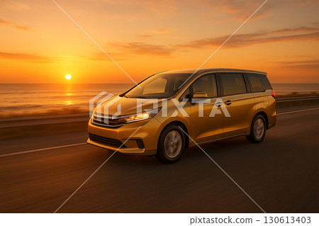 AI-generated image of a Champion Gold car racing along the beach at sunrise 130613403