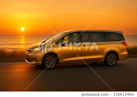AI-generated image of a golden minivan speeding along, reflecting the light of the horizon 130613404