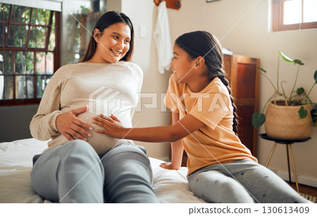 Happy, pregnant and mother with kid on bed for belly touch with excited, curious and joyful smile. Indian family and child waiting for baby sibling and bonding together with mom in home bedroom. Happy, pregnant and mother with kid on bed for belly touch with excited, curious and joyful smile. Indian family and child waiting for baby sibling and bonding together with mom in home bedroom. 130613409