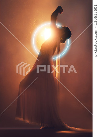 Orange lighting, art deco and silhouette of woman with neon circle for creative, fantasy and beauty. Dance, aesthetic and shadow of angel or goddess for dream, magic and freedom in glowing studio Orange lighting, art deco and silhouette of woman with neon circle for creative, fantasy and beauty. Dance, aesthetic and shadow of angel or goddess for dream, magic and freedom in glowing studio 130613601