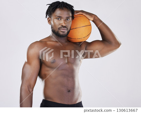 Basketball, black man and sports portrait and body with ball for fitness training and exercise. Athlete person with strong muscle to train, workout and competition for health and wellness motivation 130613667
