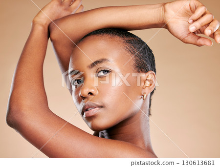 Hands, skincare aesthetic and portrait of black woman to promote luxury treatment, cosmetics and makeup. Spa wellness, beauty and female model on brown background for facial, shine and glowing skin 130613681