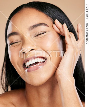 Beauty, skincare and black woman isolated on studio background, happy with her minimal face makeup. Smile of a young model or beautiful person with cosmetics, aesthetic dermatology and facial results Beauty, skincare and black woman isolated on studio background, happy with her minimal face makeup. Smile of a young model or beautiful person with cosmetics, aesthetic dermatology and facial results 130613715