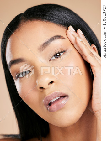 Face, portrait and woman with facial, skin and beauty zoom with skincare isolated on studio background. Natural cosmetics, glow and shine with dermatology and cosmetic care, makeup and self love Face, portrait and woman with facial, skin and beauty zoom with skincare isolated on studio background. Natural cosmetics, glow and shine with dermatology and cosmetic care, makeup and self love 130613727