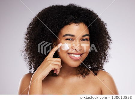 Skincare, cream and portrait of black woman for beauty, wellness and skin health in studio. Dermatology, luxury spa and happy girl with face moisturizer for anti aging, cosmetics and facial treatment 130613858