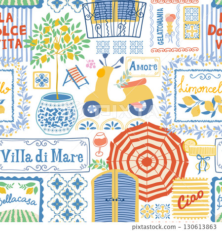 Italian city collage seamless pattern. Vector Mediterranean summer mosaic print. Cute la dolce vita background Italian city collage seamless pattern. Vector Mediterranean summer mosaic print. Cute la dolce vita background 130613863
