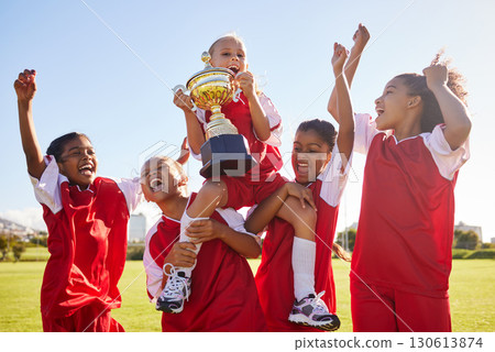 Soccer, team and trophy with children in celebration together as a girl winner group for a sports competition. Football, teamwork and award with soccer player kids celebrating success in sport Soccer, team and trophy with children in celebration together as a girl winner group for a sports competition. Football, teamwork and award with soccer player kids celebrating success in sport 130613874