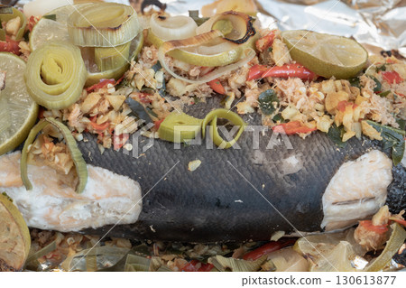 Close-up of Baked Salmon with Herbs. Close-up of Baked Salmon with Herbs. 130613877