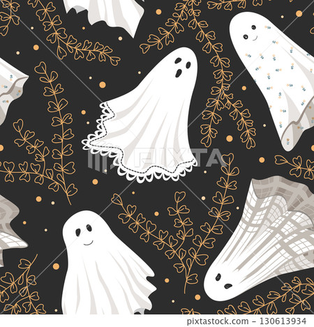 Floral hand drawn pattern with ghosts. Fall and Halloween background, vector illustration 130613934