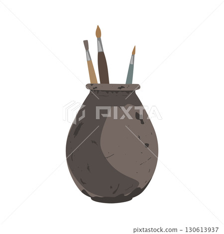 A vintage ceramic jug with a of paint brushes. Vector interior element isolated illustration 130613937