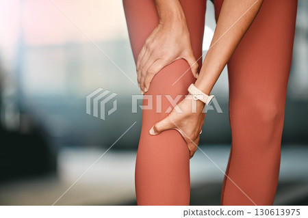 Woman, legs and knee pain for fitness run, exercise training or medical accident in health gym. Sports athlete hands, joint care and leg injury emergency or swollen muscle tension for runner workout 130613975