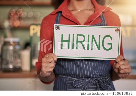 Small business, hands or business owner with a hiring sign for job vacancy offer at a cafe or coffee shop. Recruitment, marketing or female entrepreneur standing with an onborading message in store 130613982