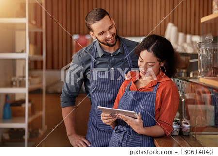 Restaurant, cafe owner and couple with tablet to manage orders, inventory and stock. Interracial waiters, technology and happy man and woman with digital touchscreen for managing sales in coffee shop Restaurant, cafe owner and couple with tablet to manage orders, inventory and stock. Interracial waiters, technology and happy man and woman with digital touchscreen for managing sales in coffee shop 130614040