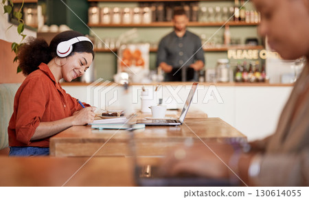 Woman, student and studying in cafe, laptop and make notes for exams, smile and concentration for test. Young female, lady or academic with headphones, podcast or writing audio to text in coffee shop Woman, student and studying in cafe, laptop and make notes for exams, smile and concentration for test. Young female, lady or academic with headphones, podcast or writing audio to text in coffee shop 130614055